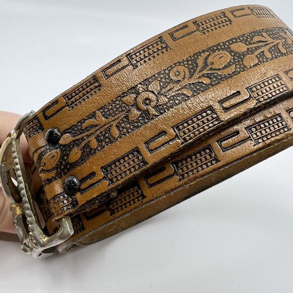VTG Boys 60s BULL LONGHORN FABIL Tooled Steerhide Leather Western COWBOY Belt 28 - Picture 4 of 11